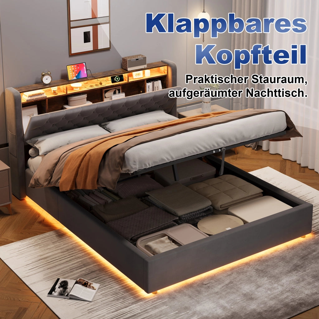 Letto imbottito matrimoniale 160 × 200 cm con contenitore e testiera contenitore in velluto grigio scuro