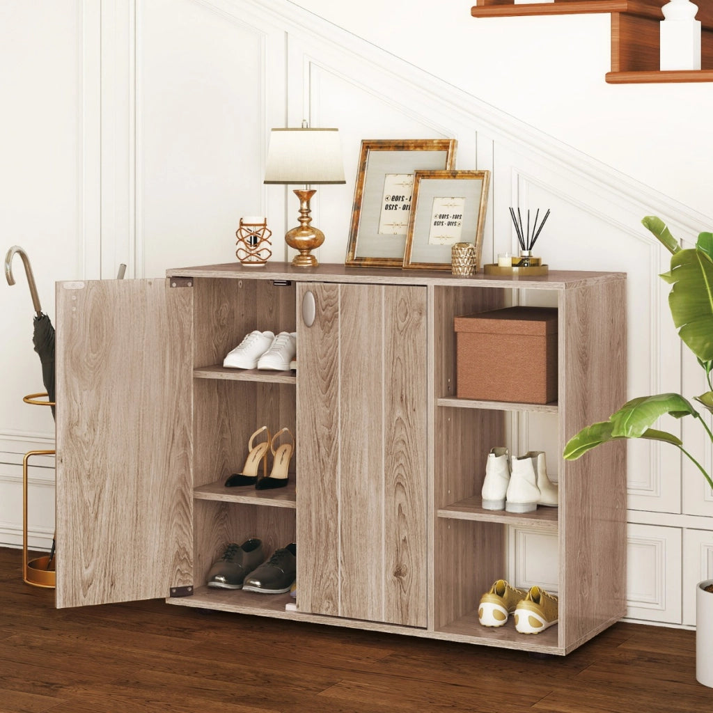 Mobiletto per scarpe con ante in legno autonomo per ingress-Scaffale porta scarpe a 3 ripiani con mensole regolabili Legno naturale