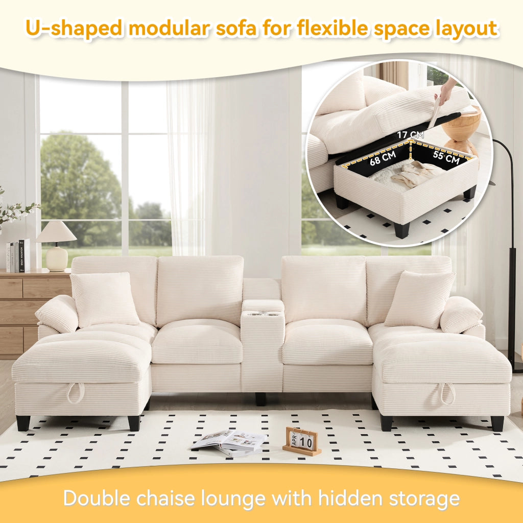 Divano panoramico a U 4-5 posti con contenitore, porte USB, portabicchiere in velluto a coste, Beige