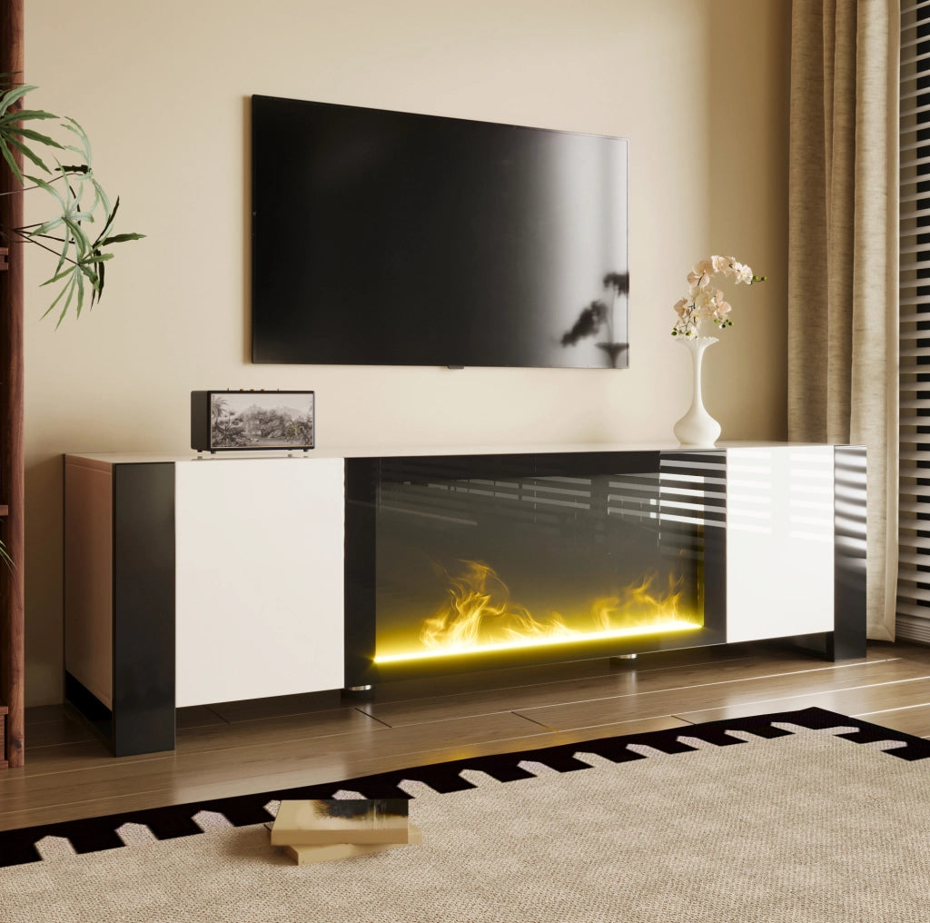 Mobile TV bianco e nero con camino elettrico decorativo 165 cm