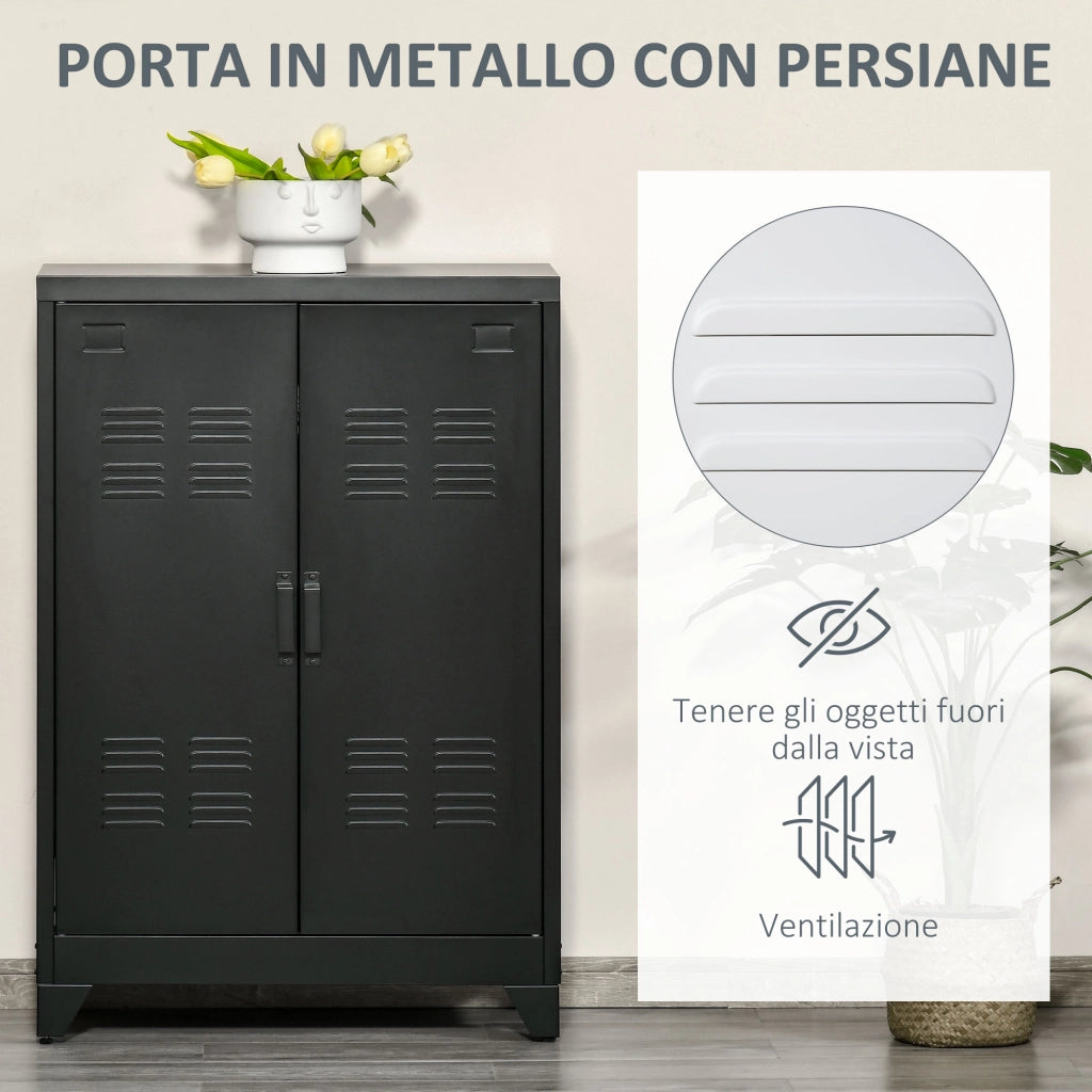 Armadietto Metallico a 2 Ante in Stile Industriale per Casa e Garage, 75x33x110 cm, Nero
