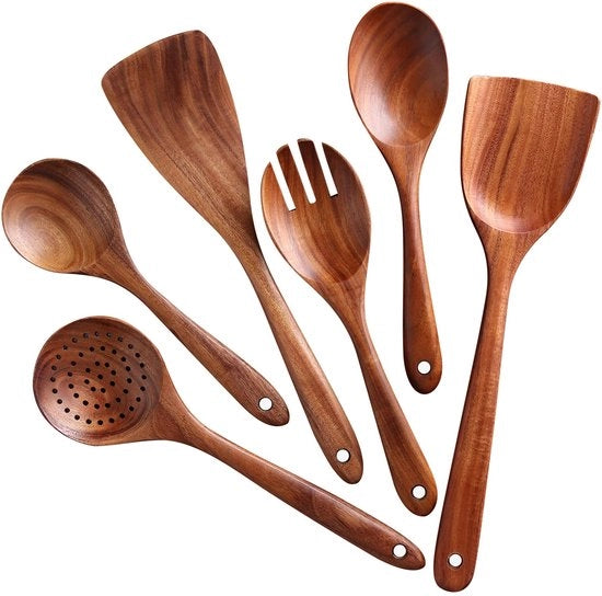 Set di cucina in legno di teak, insieme di utensili da cucina premium realizzato con 100% legno di teak naturale, ciotola in legno con trattamento antiscorrosivo, cucchiaio in legno e spatola, set di forchette per insalata da 6 pezzi.