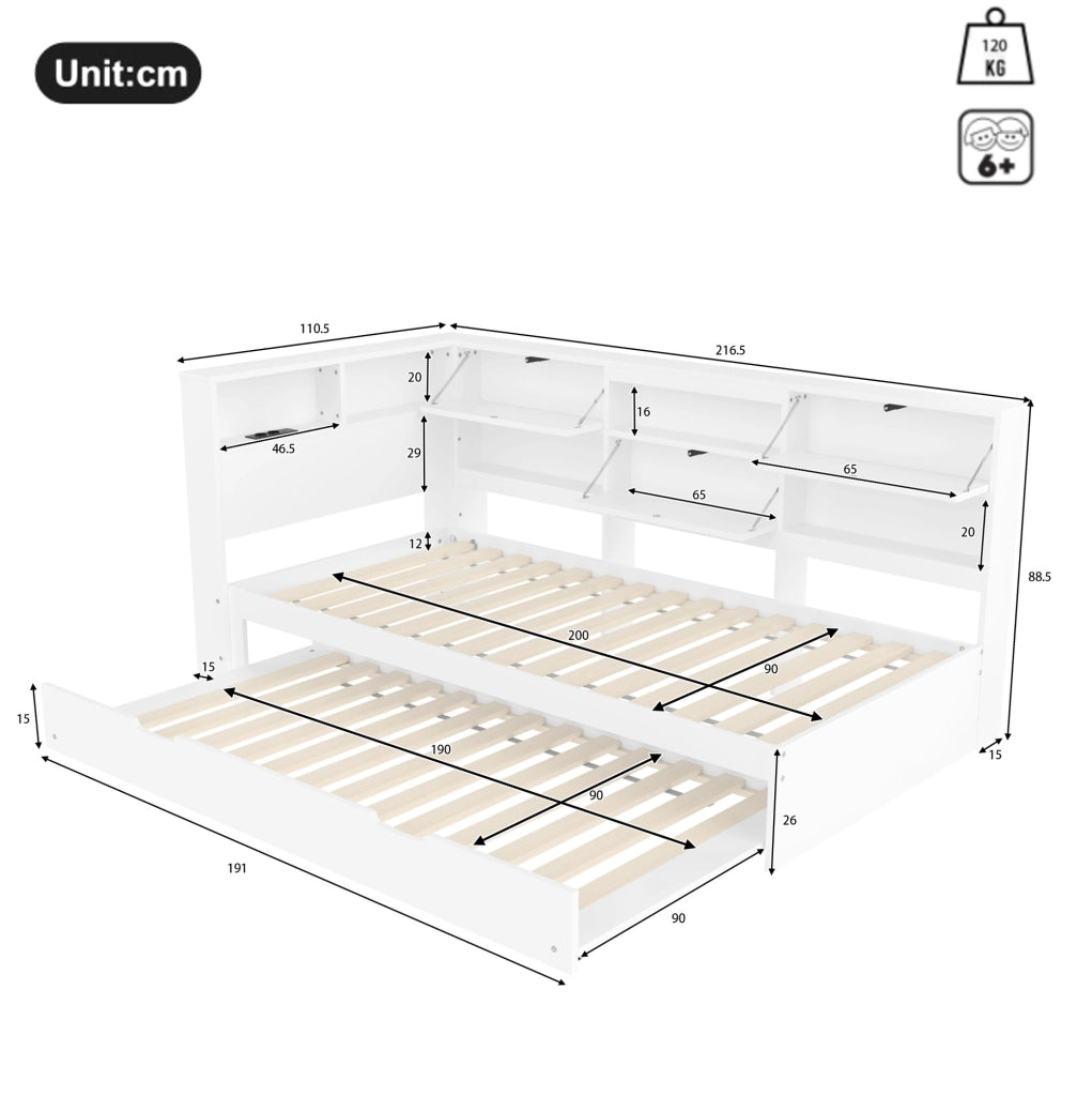 Daybed 90x200 cm con testiera contenitore e letto estraibile