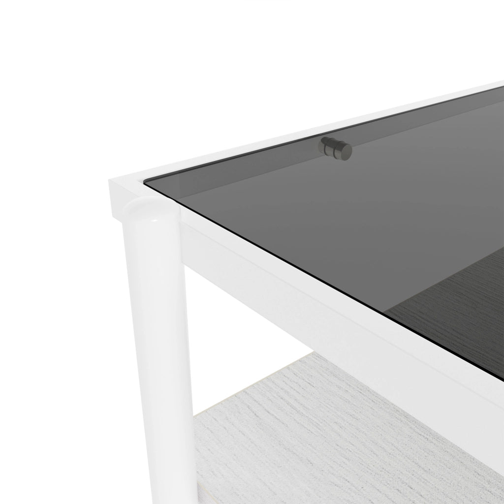 Tavolino da caffè con piano in vetro temperato e vano contenitore - per soggiorno - in MDF e vetro - 97.5×61.5×45 cm - grigio e bianco