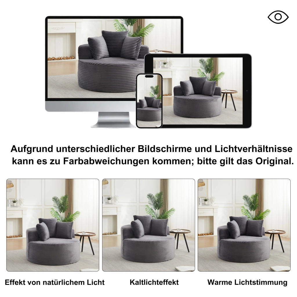 Poltrona lounge rotonda con braccioli larghi e 3 cuscini design minimalista in velluto a coste grigio 116 × 34 × 31 cm