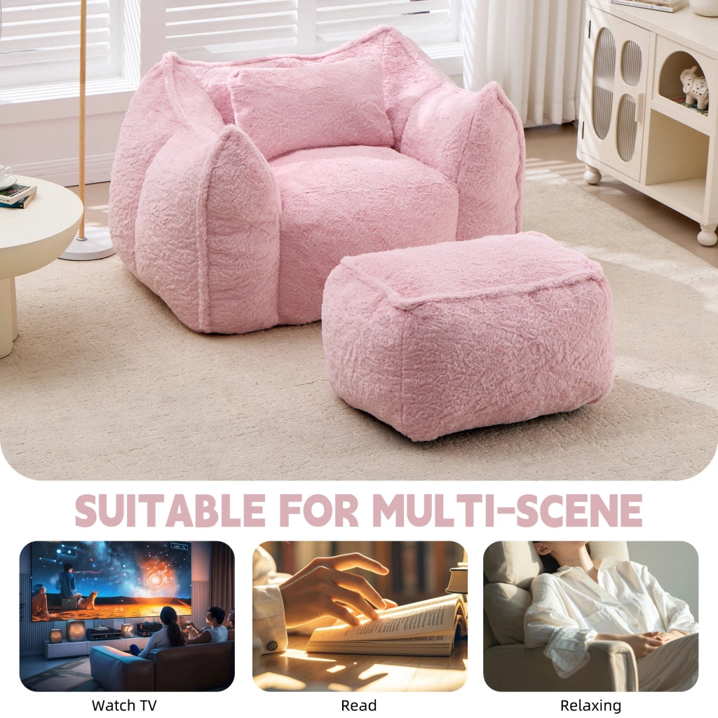 Pouf lounge ergonomico con schienale avvolgente e poggiapiedi per soggiorno e camera da letto in finta pelliccia rosa