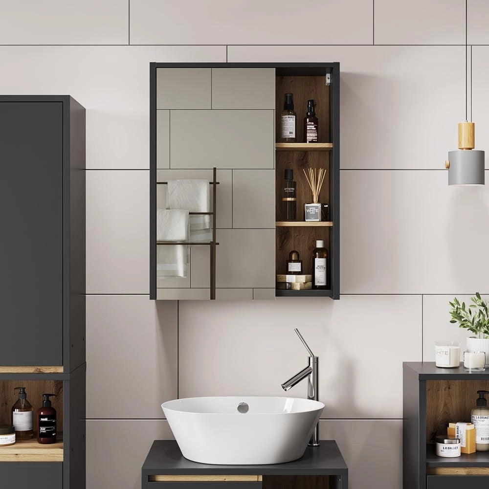 Mobile a specchio per il bagno Viola, Grigio/Artisan, 60 x 75 cm con ripiani aperti