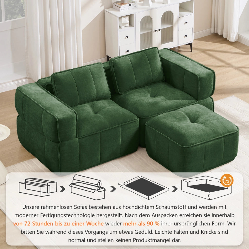 Divano angolare modulare 2 posti con pouf, seduta profonda e base antiscivolo in poliestere verde