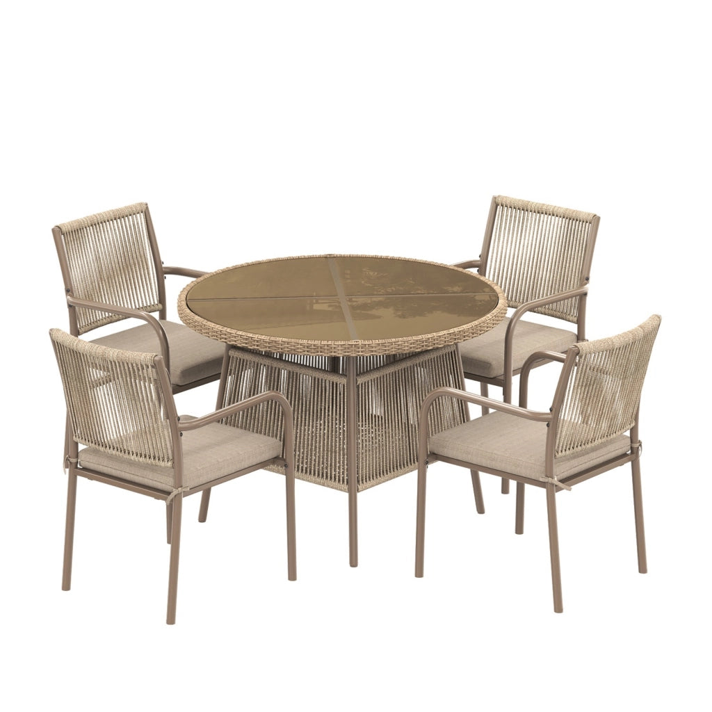 Set Tavolo Rotondo in Vetro e 4 Sedie con Braccioli in Polyrattan ¨C MINIMAL ¨C Ferro, Giardino/Balcone