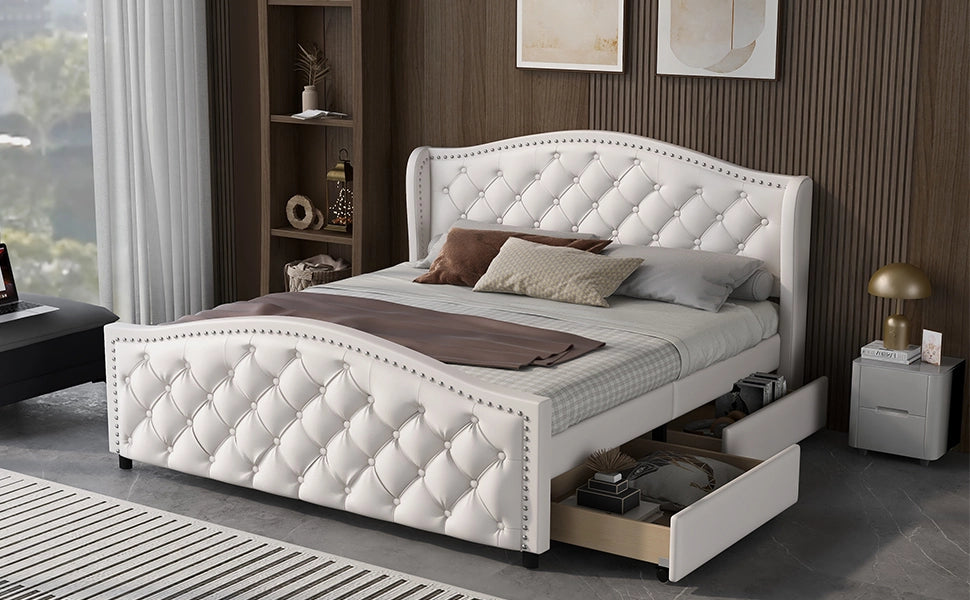 DESMIU Lit 160 × 200 cm 2 posti con 2 cassetti e testiera, senza materasso, in PU bianco