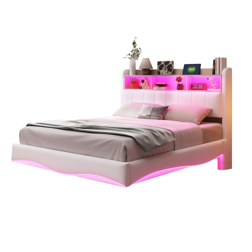 Letto imbottito sospeso 140x200 cm con LED, porte USB e Type-C, contenitore testiera, beige