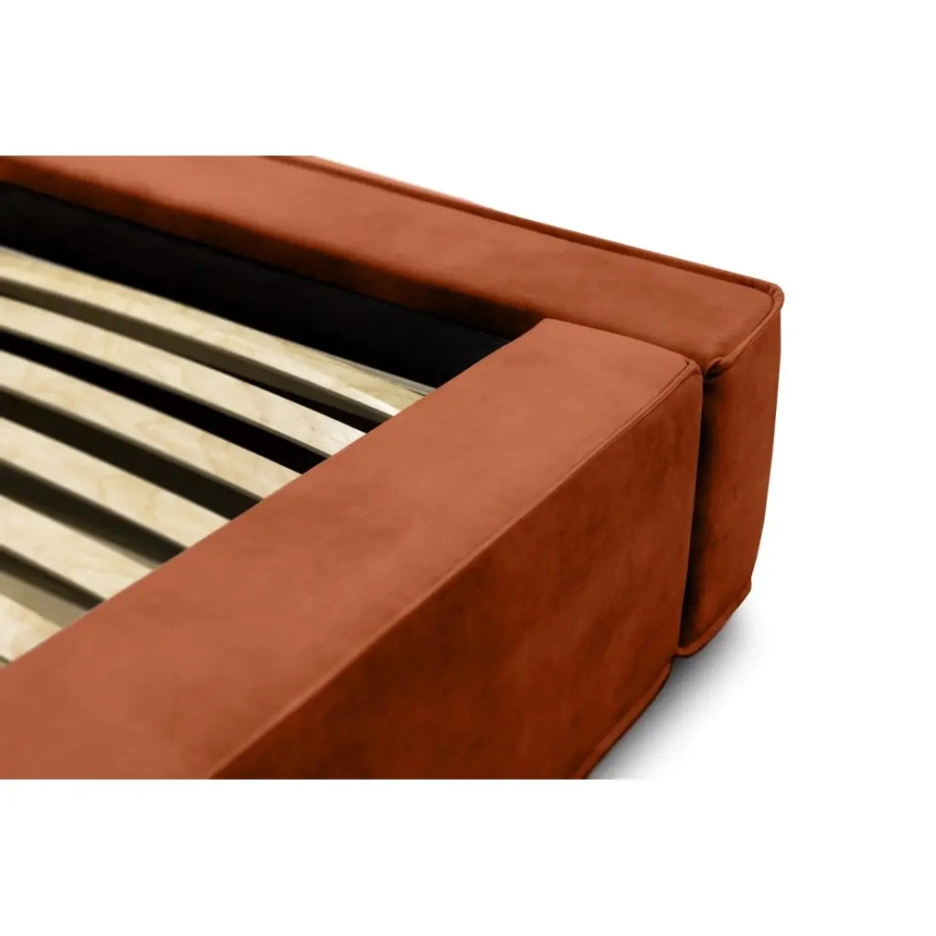 Letto contenitore VELORA – Terracotta – 140x200 cm – Tessuto velluto morbido – Rete sollevabile – Spazio di stoccaggio integrato