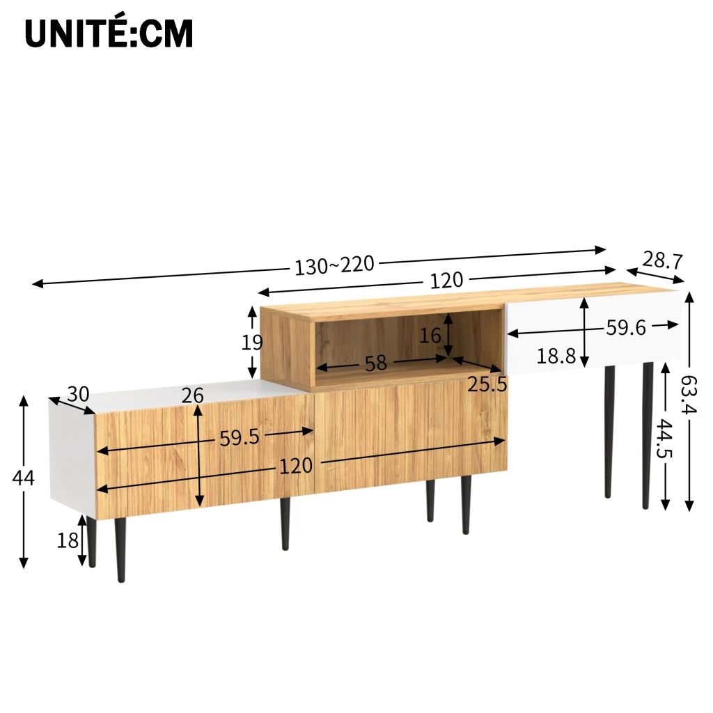 Mobile TV Modulare 2 Pezzi con 3 Ante a Ribalta e Passacavi; Stile Moderno; 240??30??63;5 cm; in MDF; Bianco e Legno
