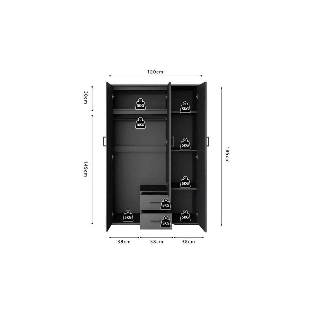 Armadio TOM – 3 porte – Colore grigio antracite – Guardaroba + scaffali – L120 cm – Design