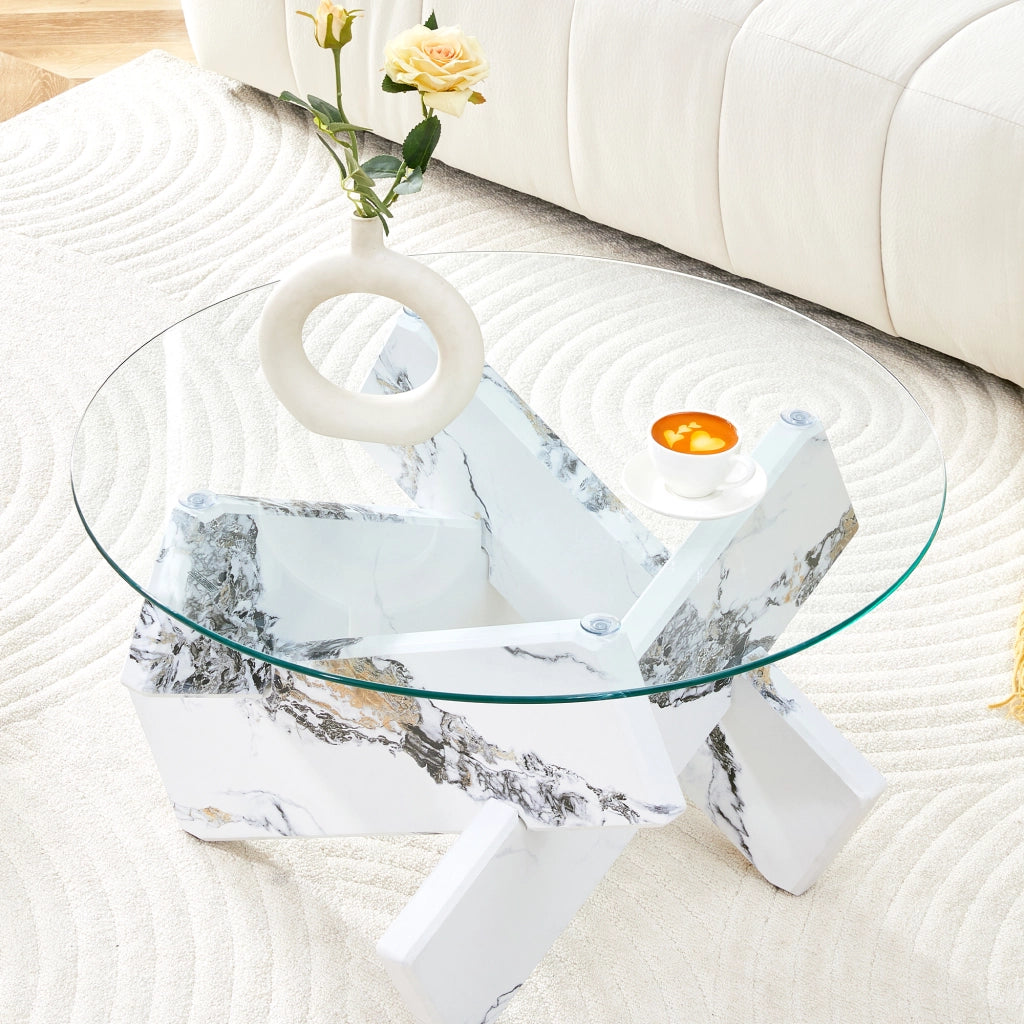 TAVOLO DA CAFFÈ ROTONDO 79 cm MDF E VETRO TRASPARENTE BIANCO