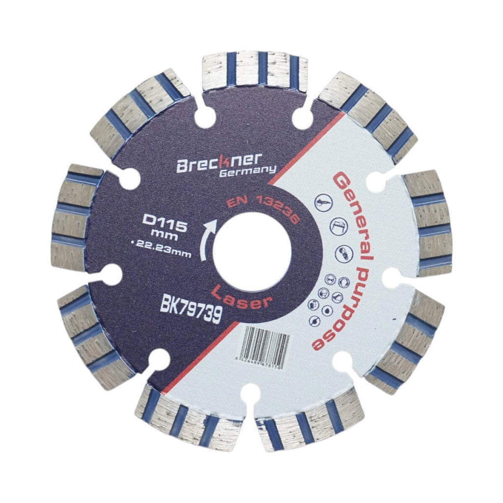 Disco diamantato turbo segmentato 115x22,23 mm, segmento 10 mm per cemento armato, pietra dura, autobloccanti Breckner Germany