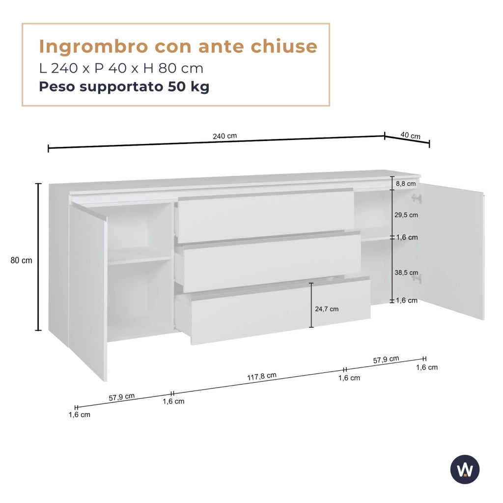 WHOUS Credenza cassettiera Magic con 2 ante e 3 cassetti bianco lucido 240x40x80 cm