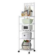 Trade Shop - Carrello Scaffale Portaoggetti Multiuso Da Cucina Bagno 5 Ripiani Con Ruote Ganci Bianco -