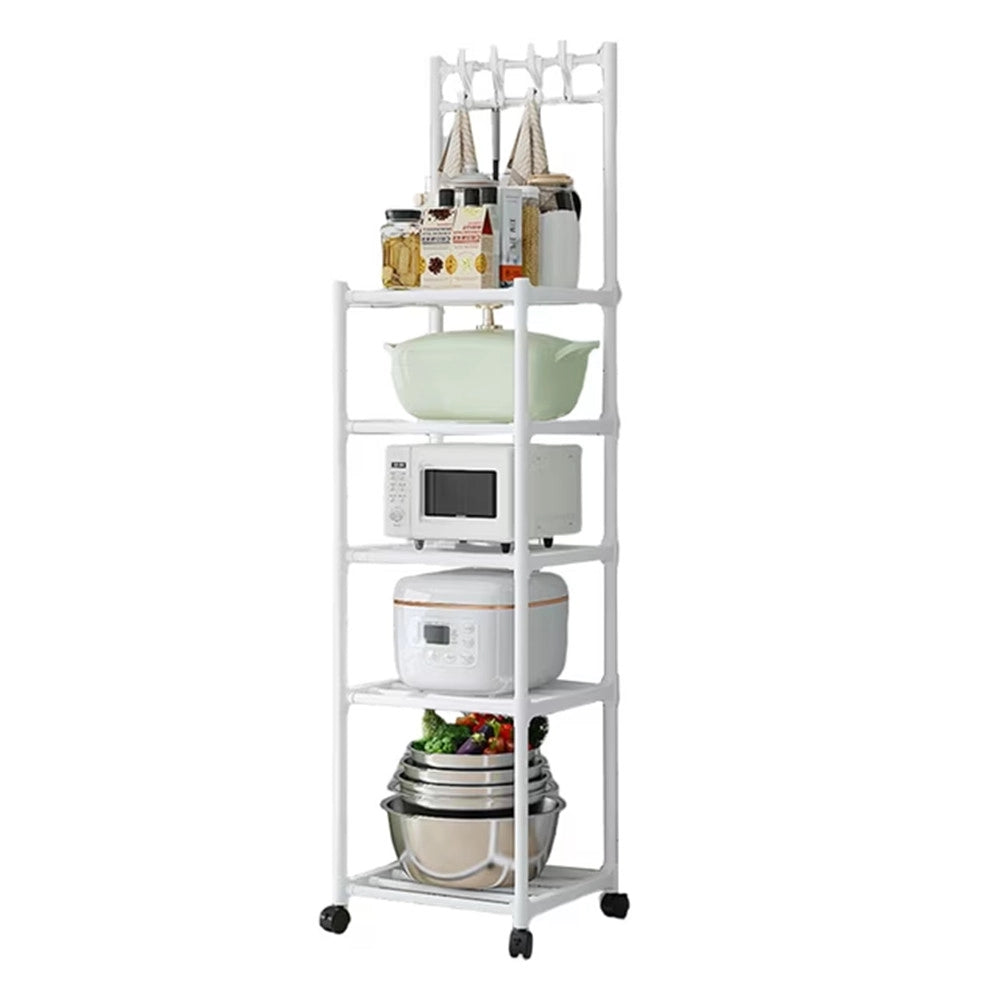 Trade Shop - Carrello Scaffale Portaoggetti Multiuso Da Cucina Bagno 5 Ripiani Con Ruote Ganci Bianco -