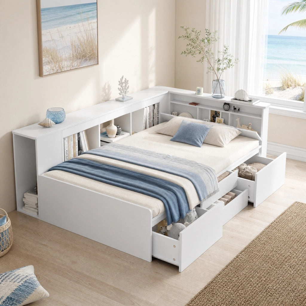 LETTO per bambini 90x200 cm in MDF bianco con cassetti e spazi contenitore