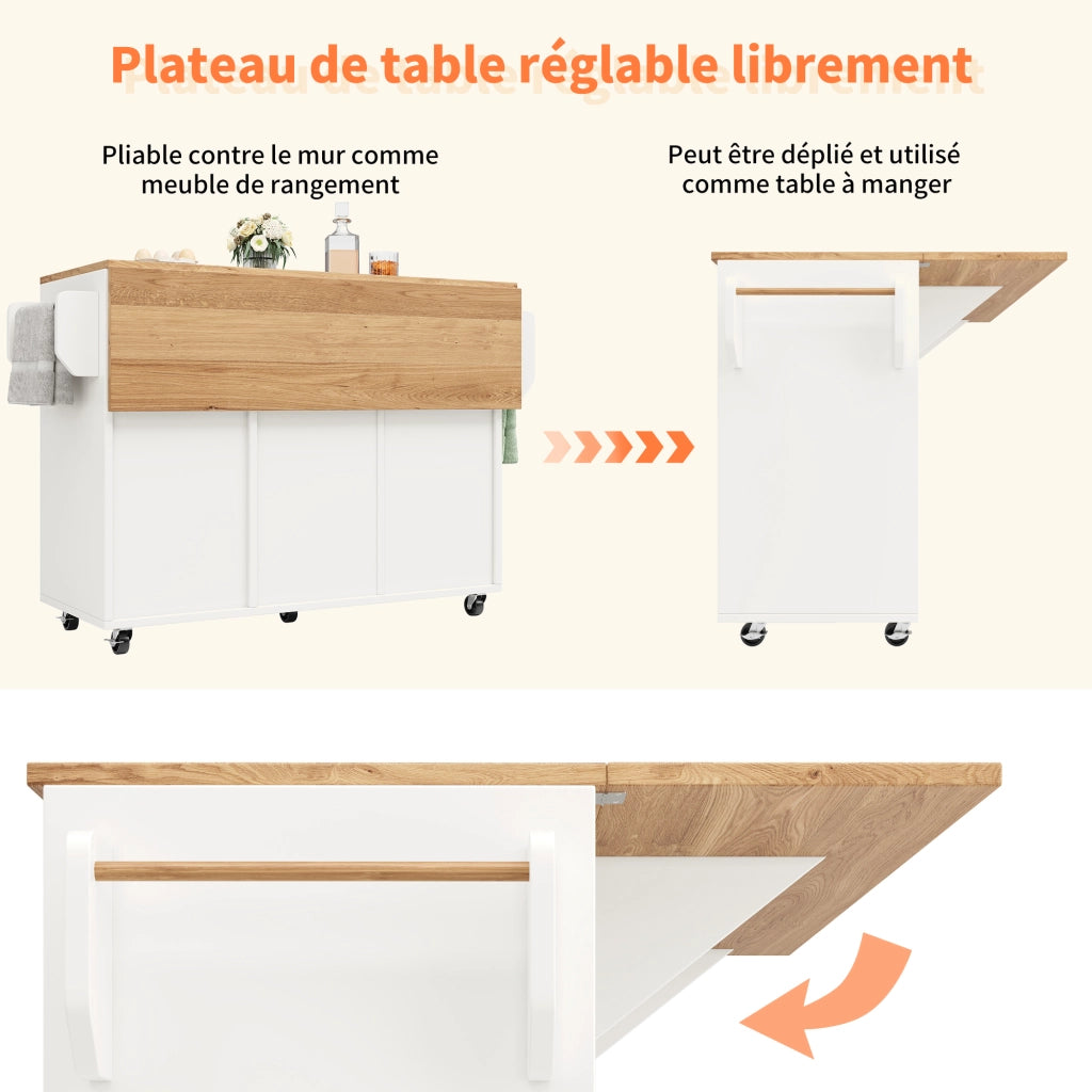 OKWISH Carrello da Cucina con 2 Cassetti, Ripiani su Entrambi i Lati, Piano Ribaltabile e 5 Ruote, per Cucina, MDF, Bianco