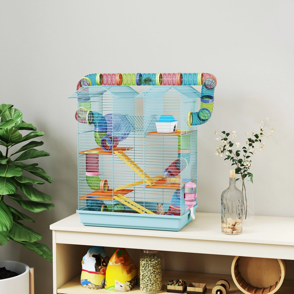 Gabbia per Criceti a 5 Piani con Tubi Colorati, Ruota, Casetta e Accessori, 47x30x59 cm, Azzurro