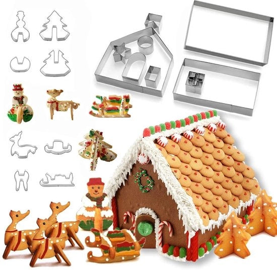 Set a forma di biscotto 18 pezzi - Forme a forma di biscotto 3D - Forme per decorazioni natalizie - Casa di peperoncino - Sicuro per i bambini - Acciaio inossidabile - Formine per biscotti