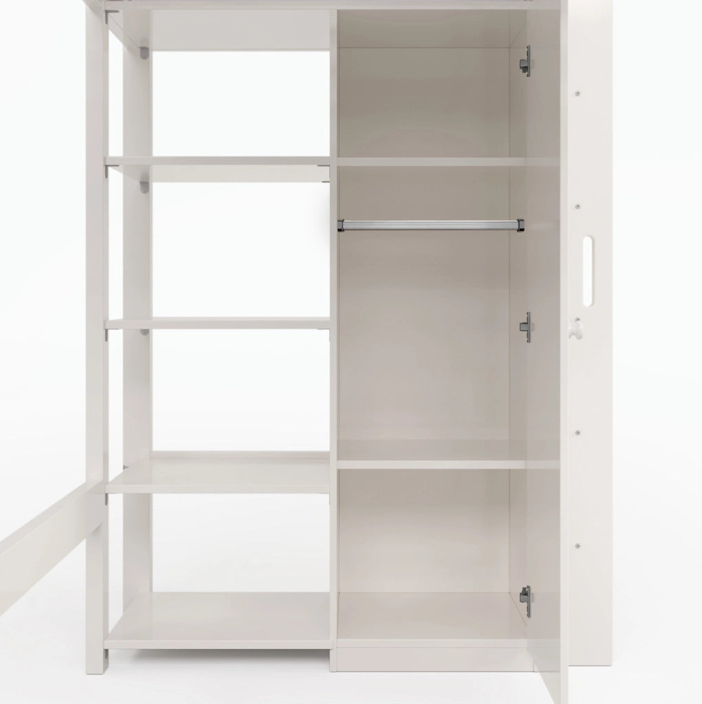 Letto a soppalco 90x200 cm bianco con armadio e 6 ripiani
