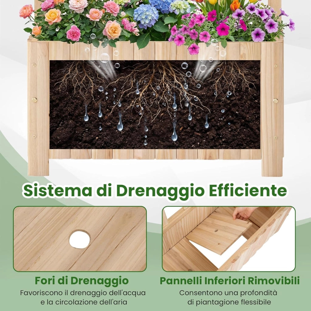 Letto da Giardino Rialzato in Legno con Traliccio, Fioriera da Esterno con Spalliera e Fori di Drenaggio, Aiuola Elevata per Piante Rampicanti, Fiori e Verdure (Naturale,61 x 30 x 121 cm)