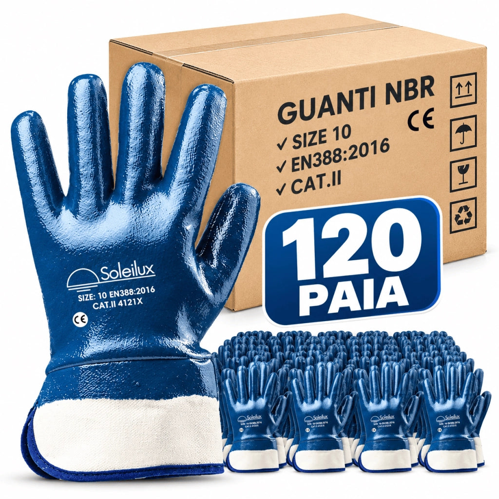 120x Paia Guanti da Lavoro NBR Blu Tutto Spalmato Taglia 10 – DPI CAT. II EN 388:2016 – Guanti Professionali