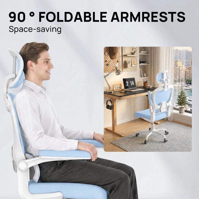 Sedia da ufficio ergonomica - Poltrona HAMLODY - con braccioli pieghevoli a 90° - Supporto lombare - Regolabile in altezza Blu
