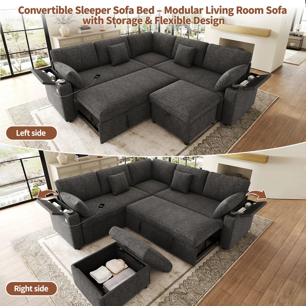 Divano angolare con letto estraibile, pouf mobile, USB e porte bicchieri, contenitori nei braccioli, in ciniglia grigia