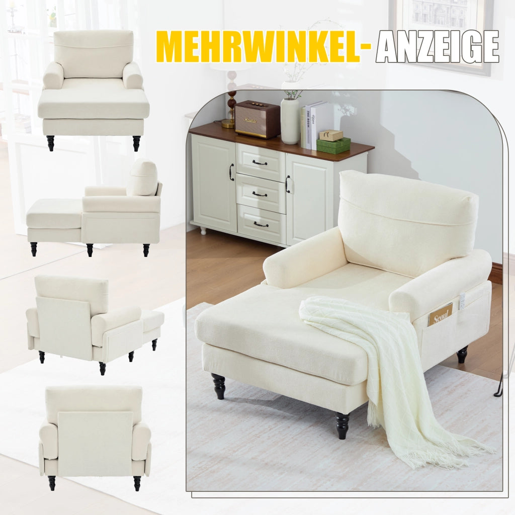 Poltrona Relax Con Tasche Laterali Seduta Extra Larga Schienale Avvolgente Piedi In Legno Massello in Ciniglia Beige