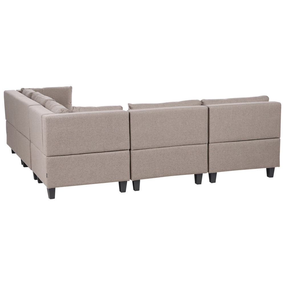 Divano componibile a 5 posti imbottito lato sinistro in tessuto marrone con gambe nere e pouf stile moderno