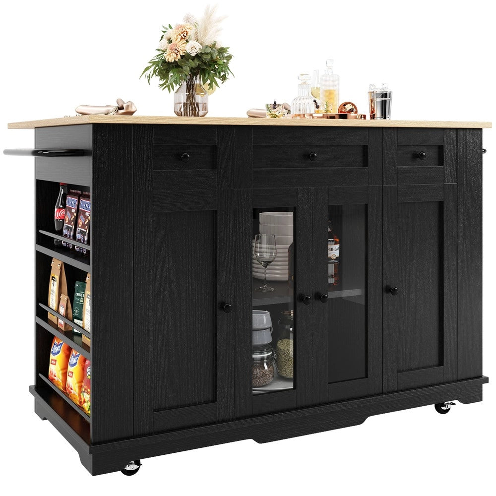 Isola Cucina con Ripiani e Vetro Temperato ¨C Xylo ¨C Nero, Effetto Legno