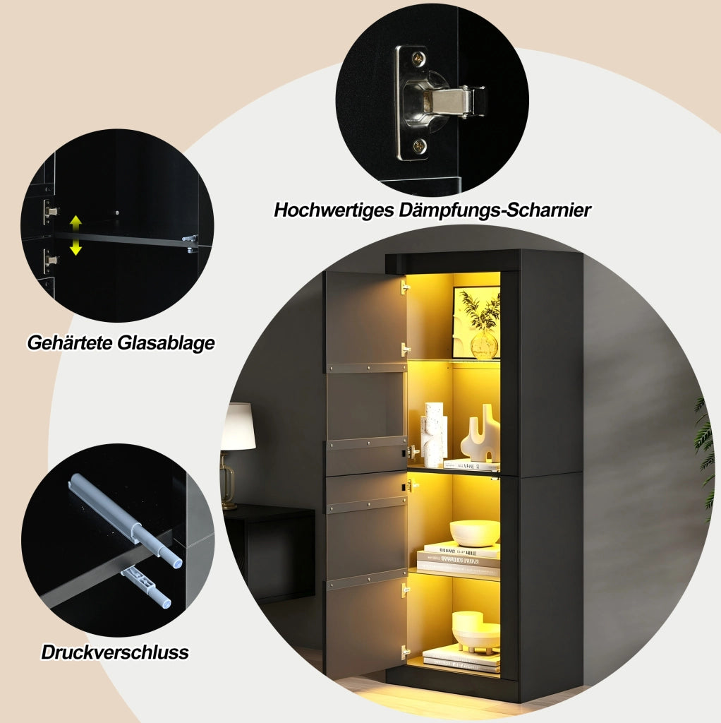 Vetrina nera con illuminazione LED e ripiani in vetro