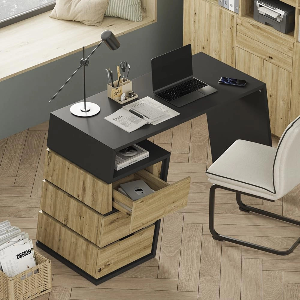 Scrivania Okaro, Antracite/quercia, 105 x 50 cm con 3 cassetti, adatto come postazione di lavoro per home office o camera dei ragazzi