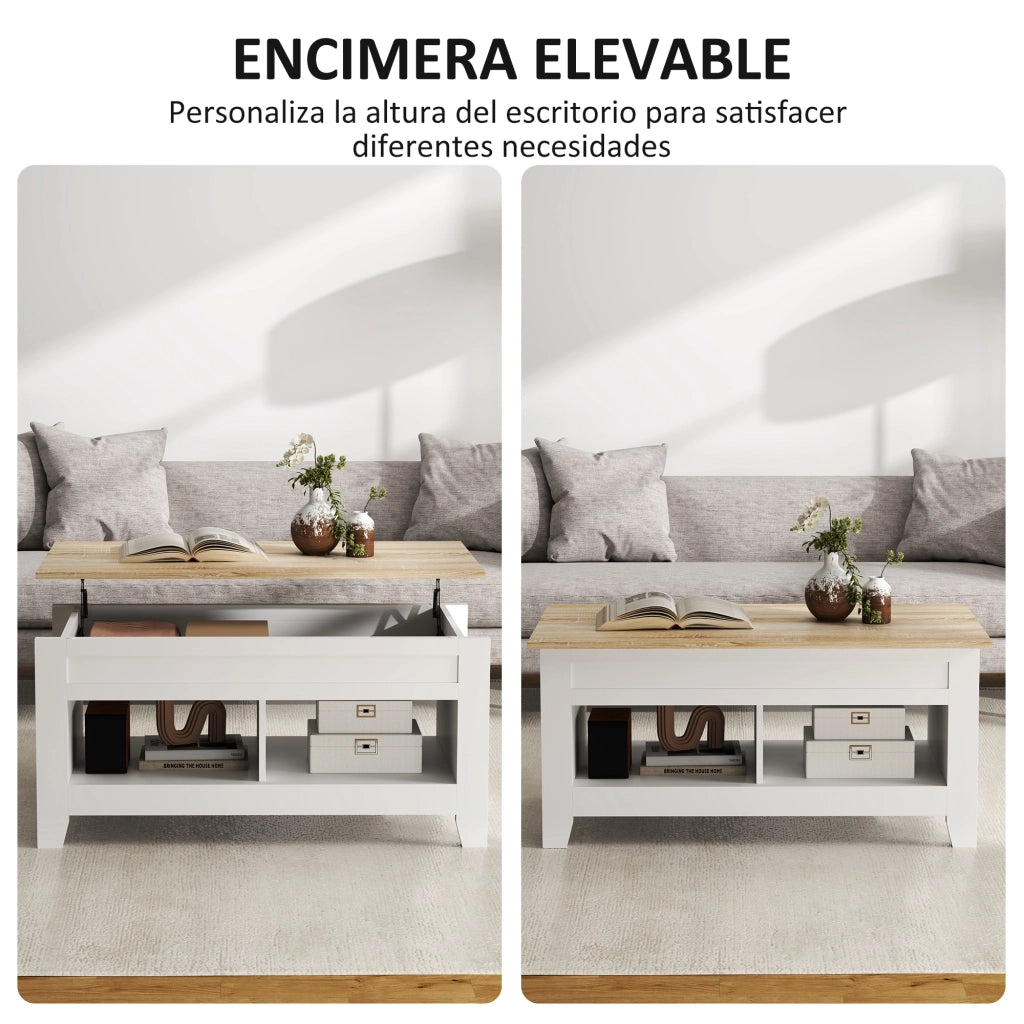 Tavolino da salotto elevabile con spazio di archiviazione ¨C zephmum ¨C bianco e naturale 105x50x49 cm