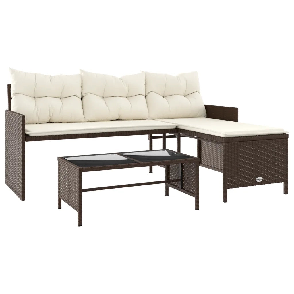 Divano da Giardino con Tavolo e Cuscini a L-Sofa da Giardino-Divano da esterno Marrone Polyrattan 907226
