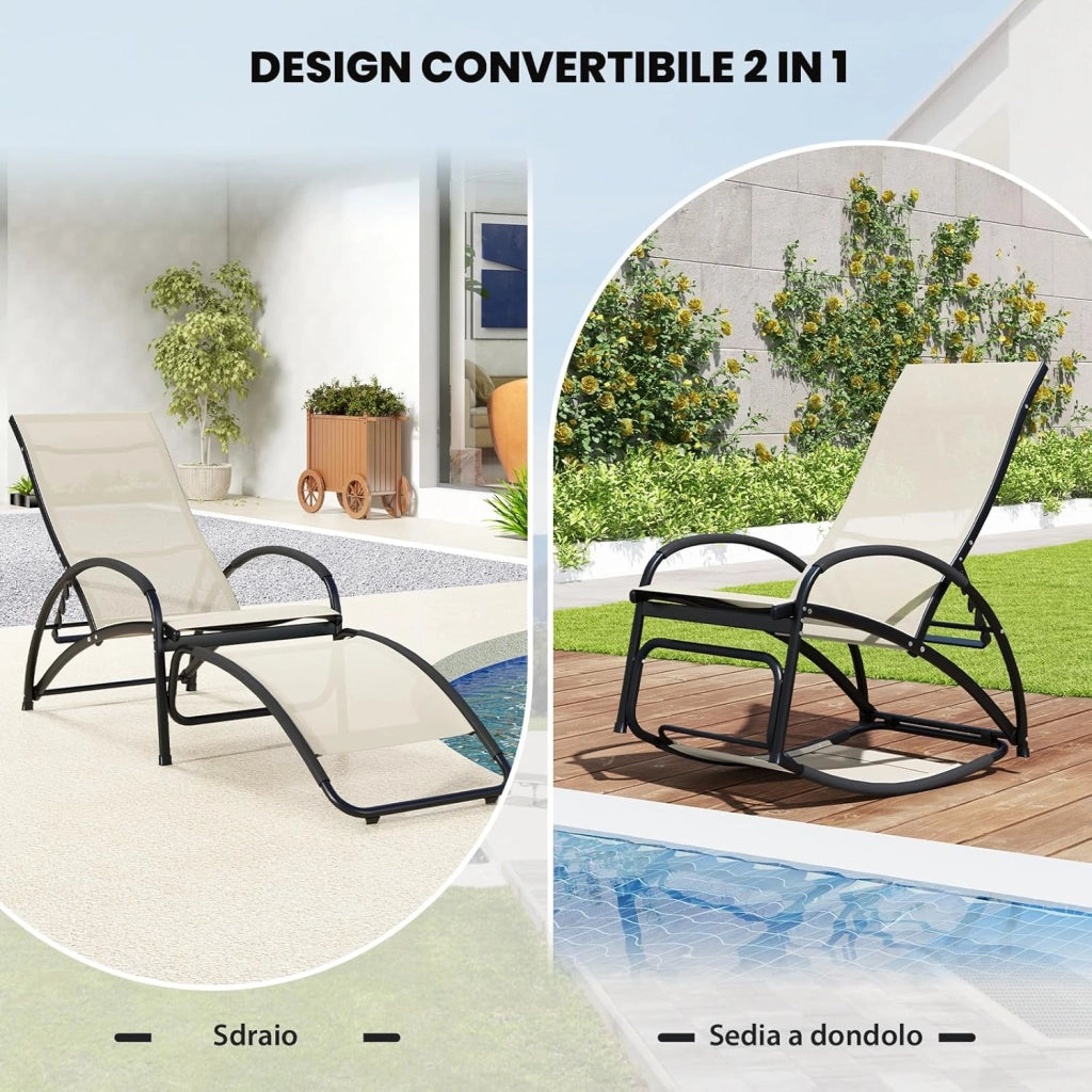 Sedia a Dondolo 2 in 1 da Giardino, Lettino Prendisole Convertibile con Schienale Regolabile a 4 Posizioni, Braccioli Curvi e Telaio in Alluminio, per Patio e Piscina, Portata 150 kg (Beige)