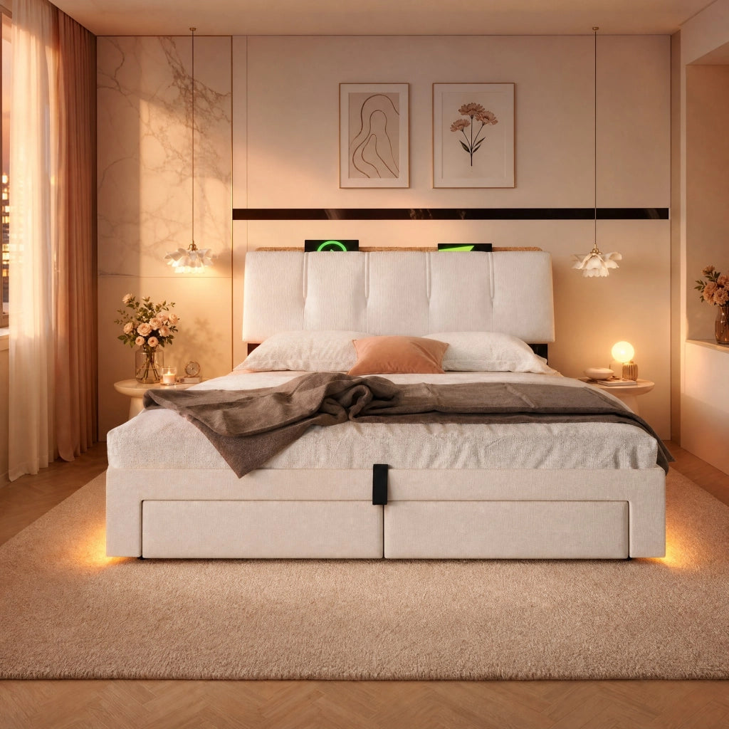 Letto imbottito con contenitore, USB e LED, 140 x 200 cm, beige