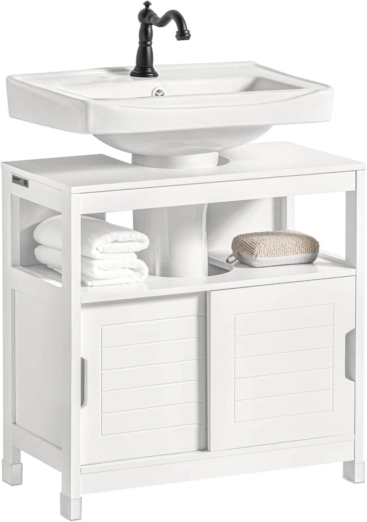 Mobiletto Bagno Salvaspazio - Armadio Salvaspazio 2 Ante Scorrevoli e Ripiano Aperto - Mobile Sottolavabo per Bagno Moderno Piccolo – Bianco, 60x30x60cm, FRG128-II-W