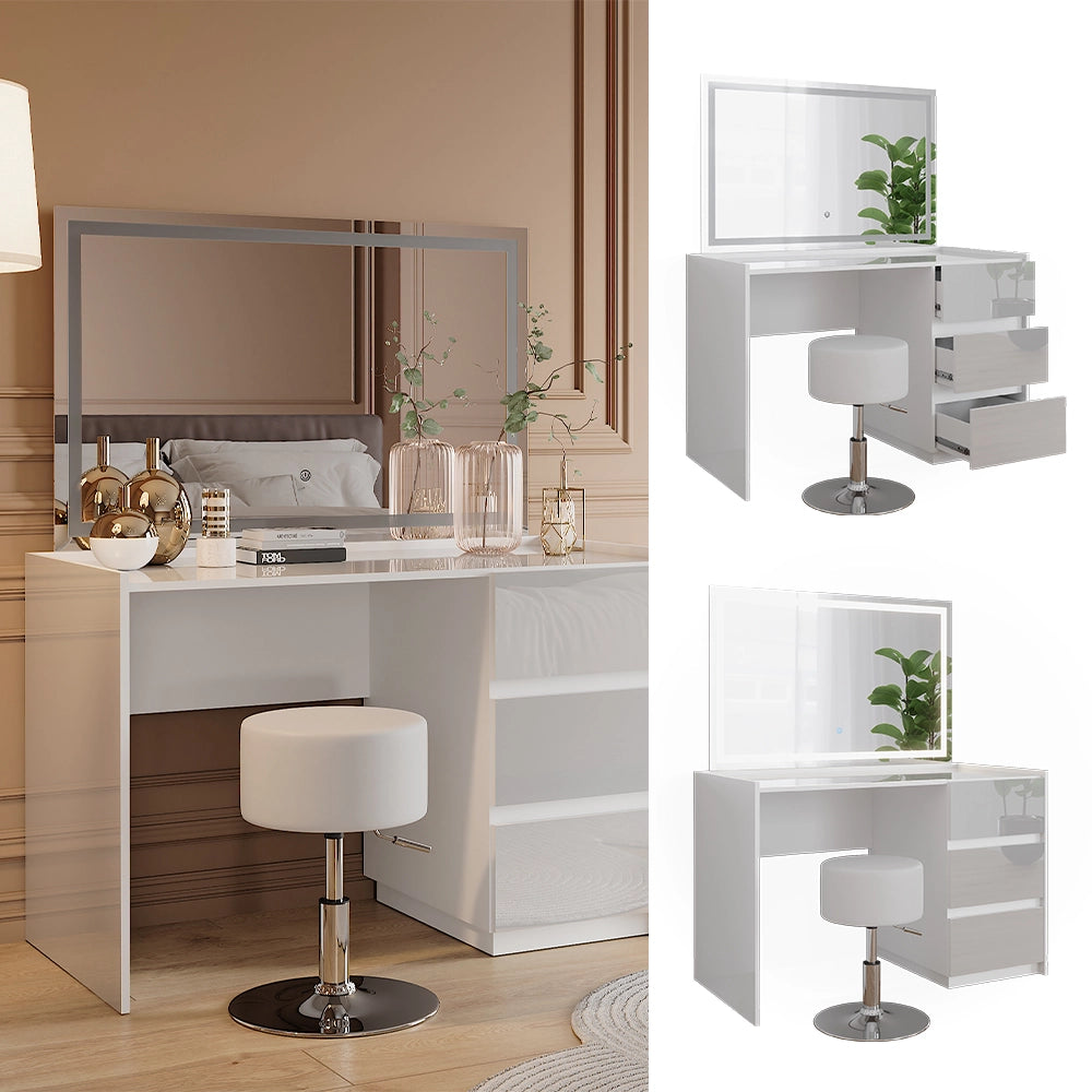 Vicco Tavolo da toilette Bianco lucido 120 cm con specchio LED e sgabello