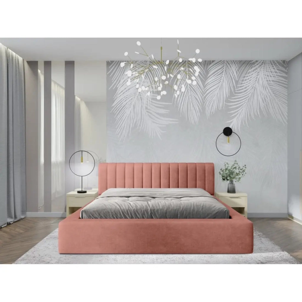 Letto contenitore CERVIN – Velluto morbido Ocra rosata – 160x200 cm – Rete sollevabile – Design elegante
