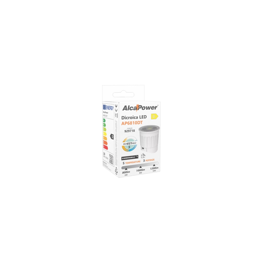 Alcapower Lampada Dicroica LED Dimmerabile 230V, Potenza Selezionabile 6-8-10W, Temperatura Colore 5CCT 3000K-6500K, Angolo 105°, Attacco a Vite
