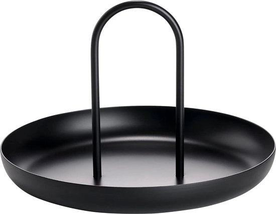 Piatto da servizio in metallo lucido a forma rotonda con maniglia - nero - piatto da servizio decorativo 

20 cm 
mat gelakt metaal 
handgreep 
zwart 
decoratief