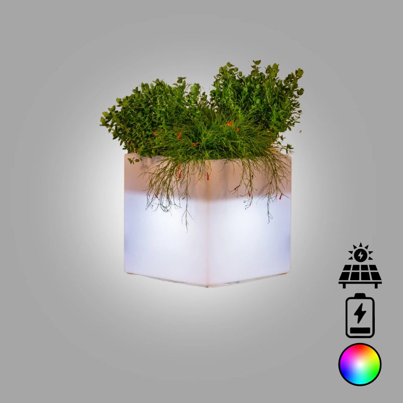 Vaso luminoso moderno di design 40x40 H40 in polimero resistente con LED multicolor con bateria e solare per interno ed esterno - Made in Italy
