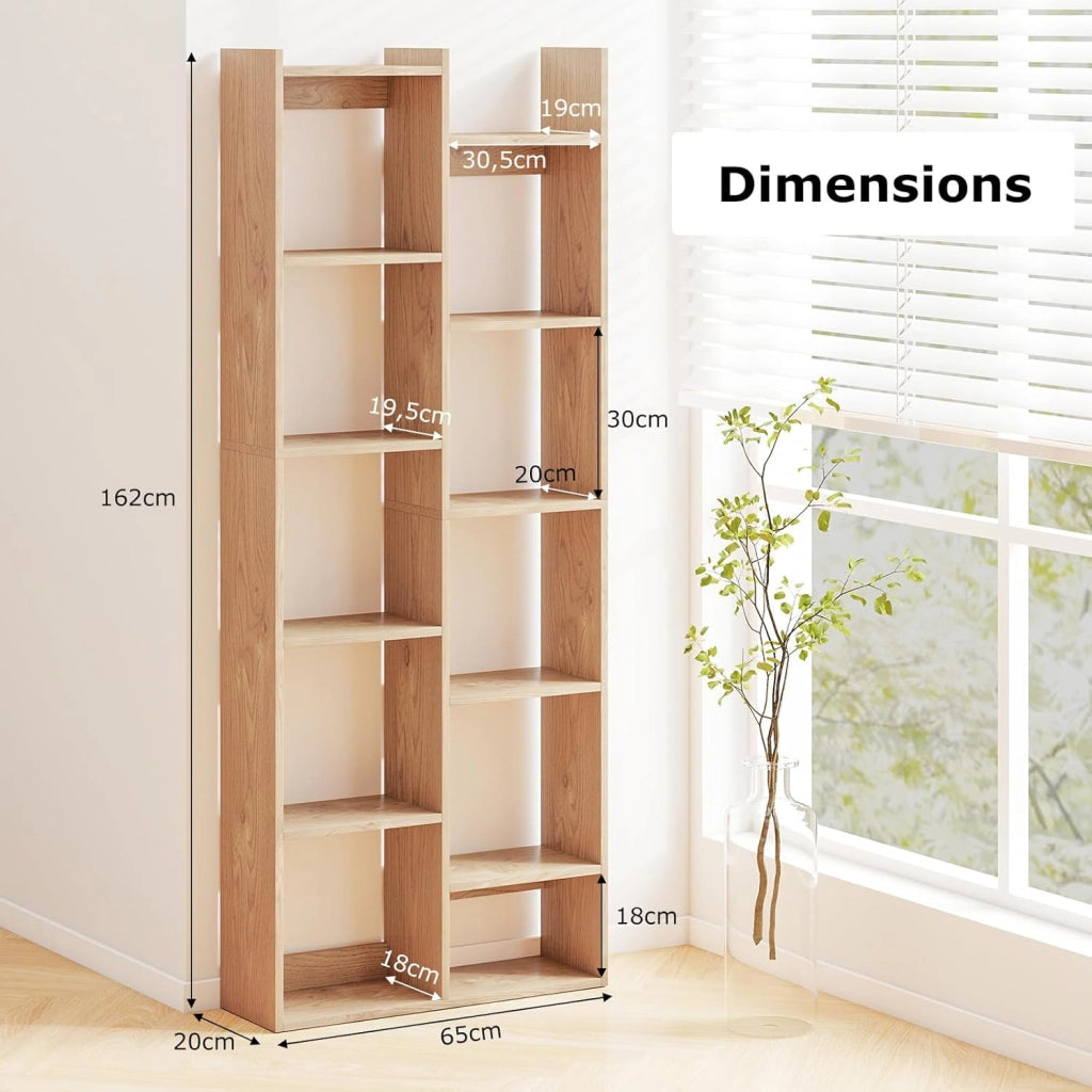 Libreria, scaffale con 12 scomparti aperti e 2 fusibili ribaltabili, 65 x 20 x 162 cm, scaffale in legno, per soggiorno, ufficio e camera da letto (naturale)
