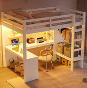 Letto a soppalco 140×200 cm bianco con scrivania, ripiani, LED e ricarica