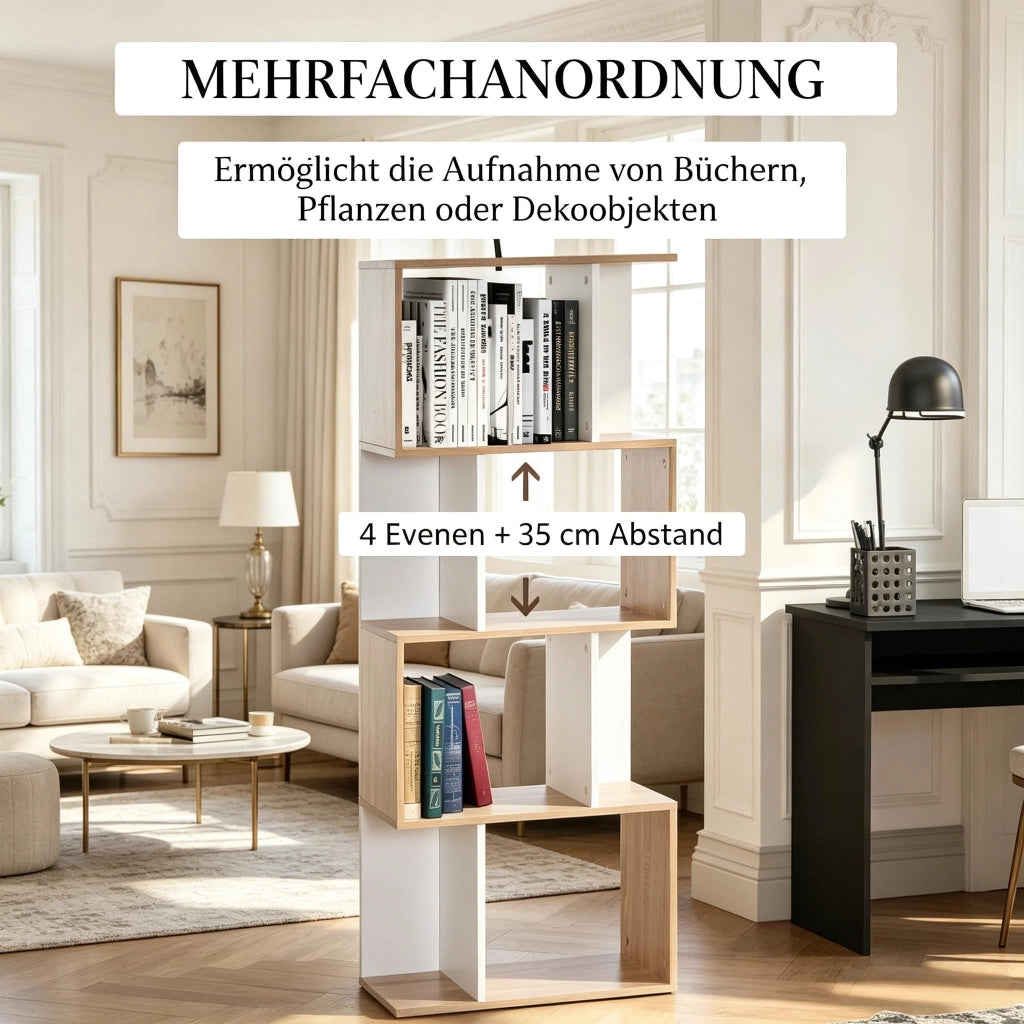 LIBRERIA S-ფორმata 60x24x148 cm in pannello di truciolare, naturale/bianco